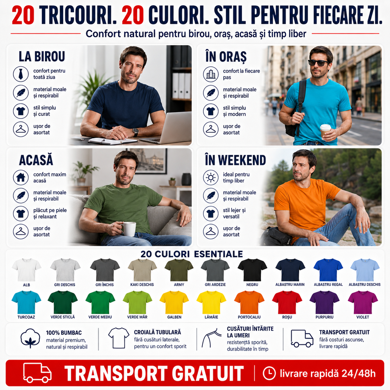 20 culori tricouri bărbați set multicolor 100% bumbac